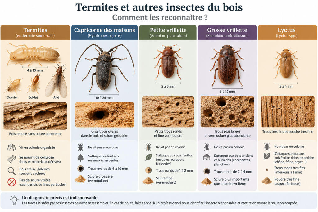 Différences entre termites, capricorne des maisons, vrillettes et lyctus